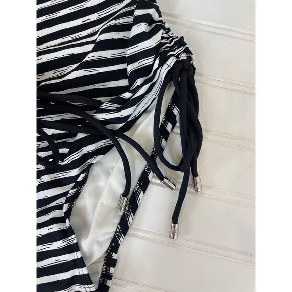 NWOT Michael Kors One Piece Bathing Suit Black & White Stripe Drawstring Side S - Picture 3 of 7
